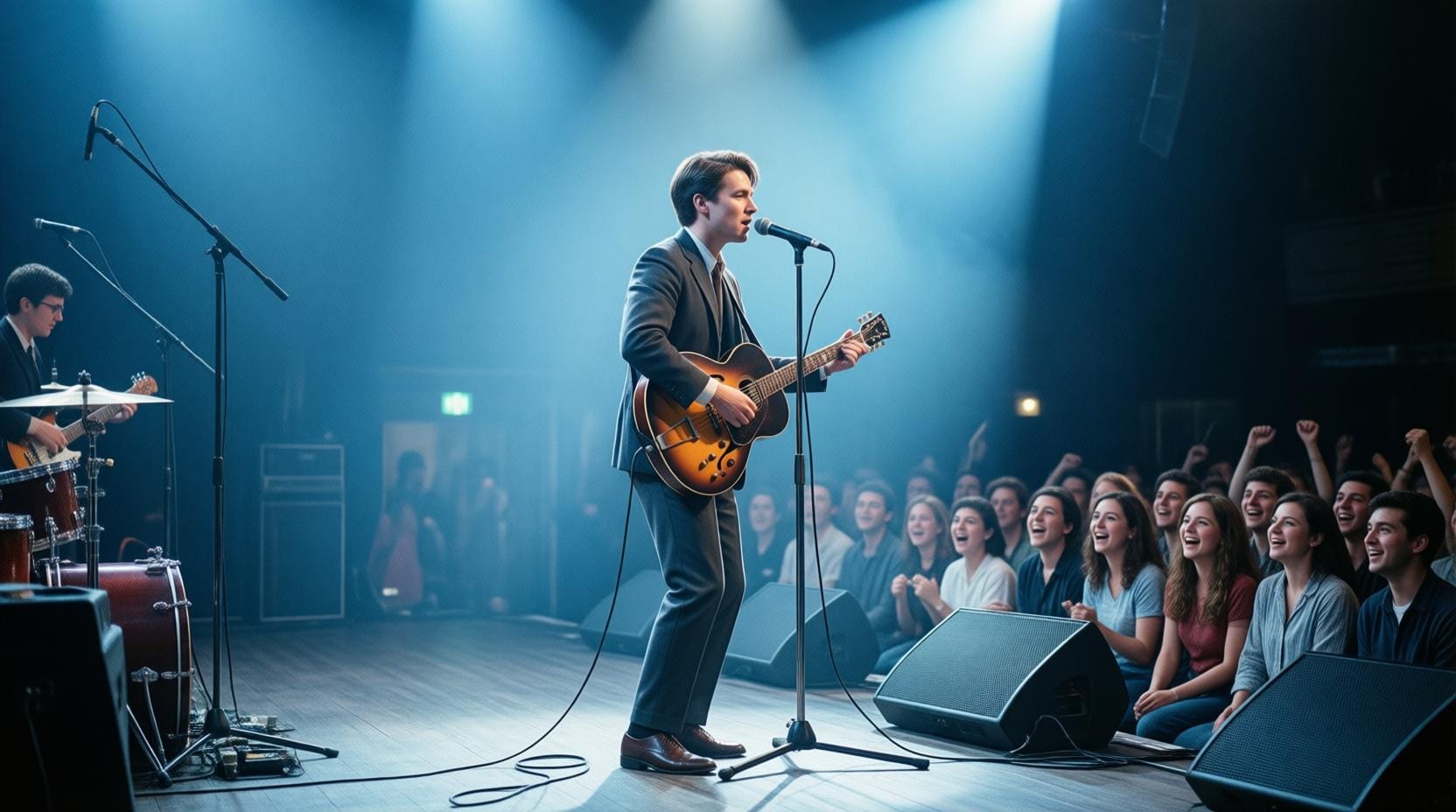 1950s rock and roll concert with excited teenage audience and performer with guitar