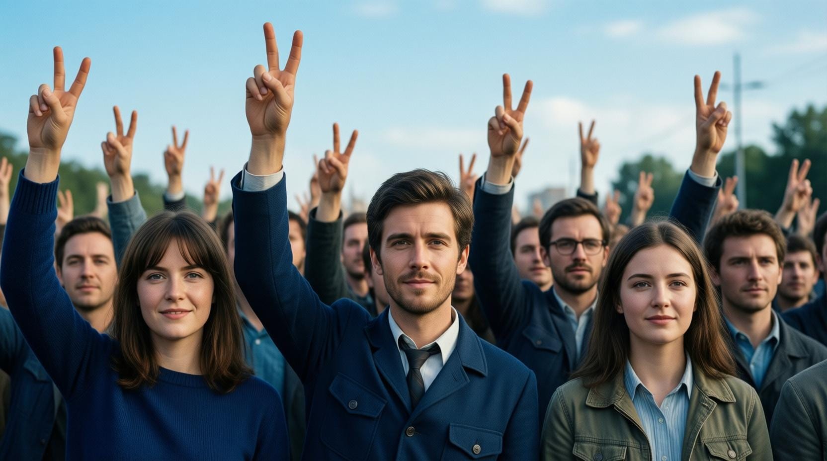 1960s protest rally with peace signs and young people