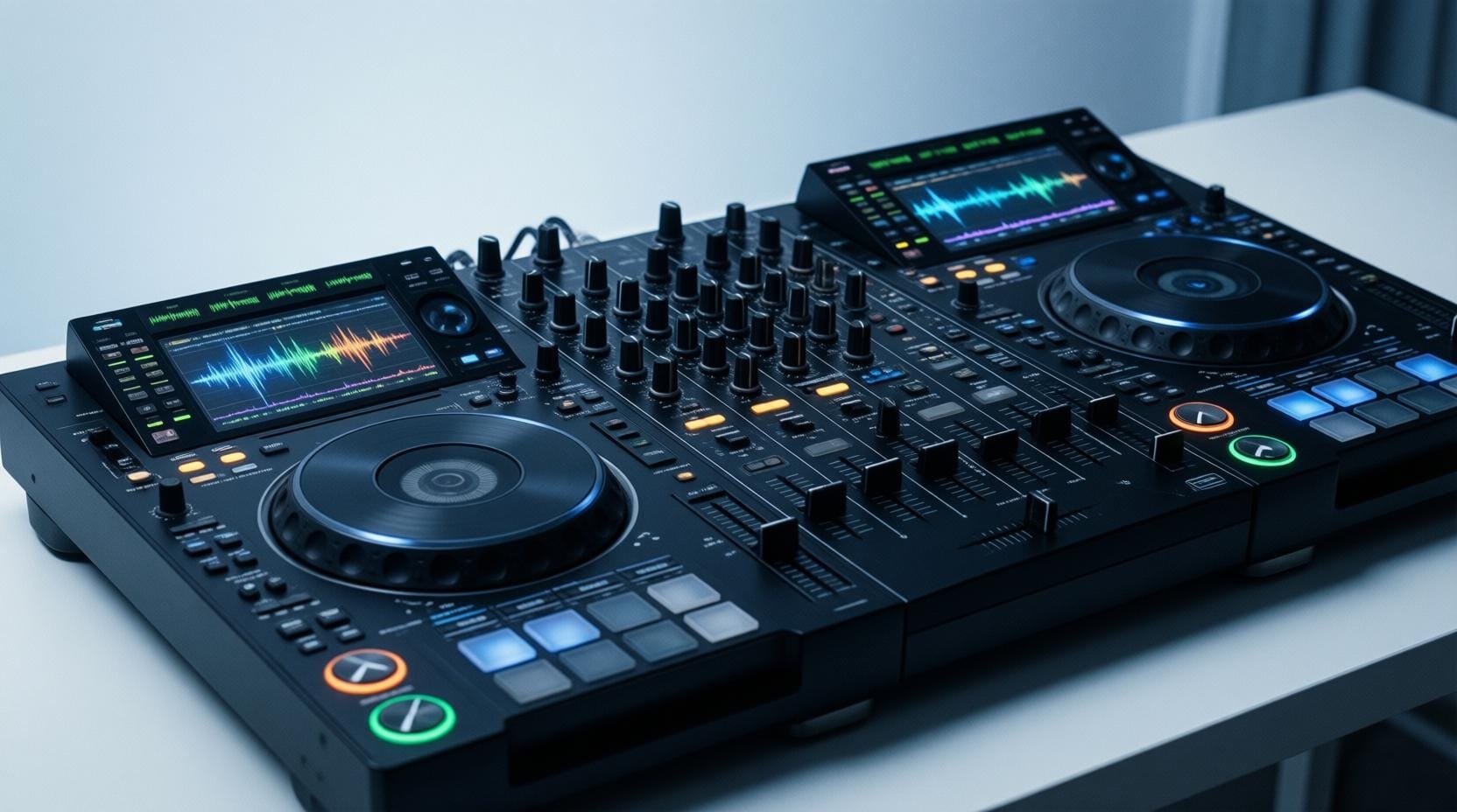 DJ mixer console with colorful waveforms and tempo controls