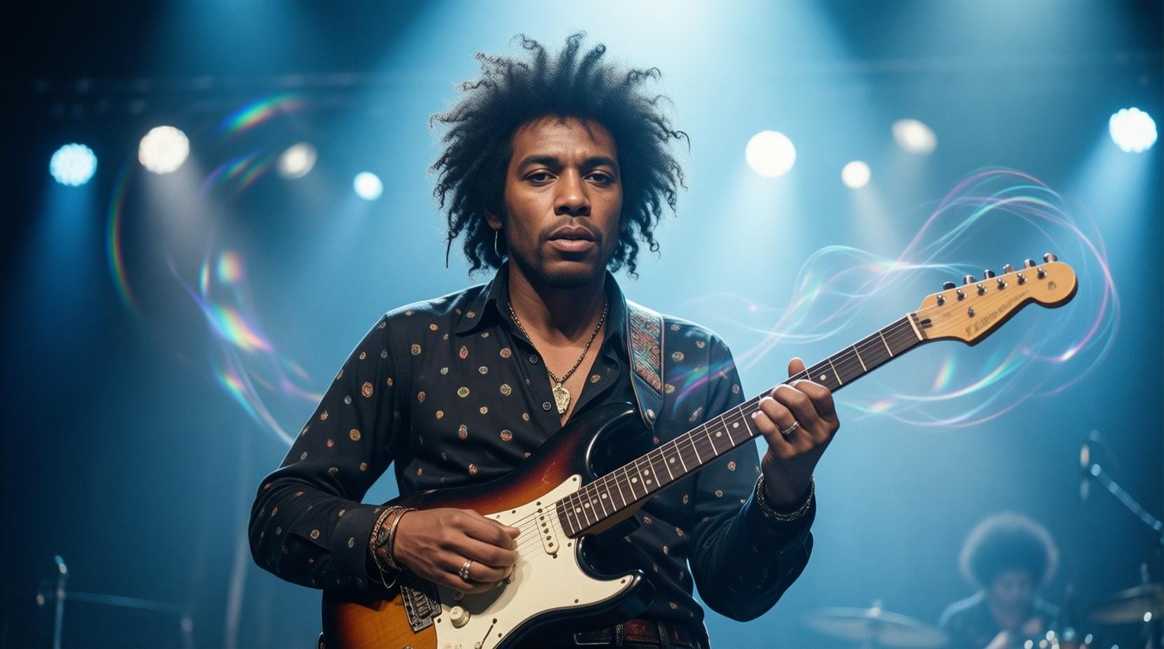 Jimi Hendrix playing electric guitar with psychedelic lights