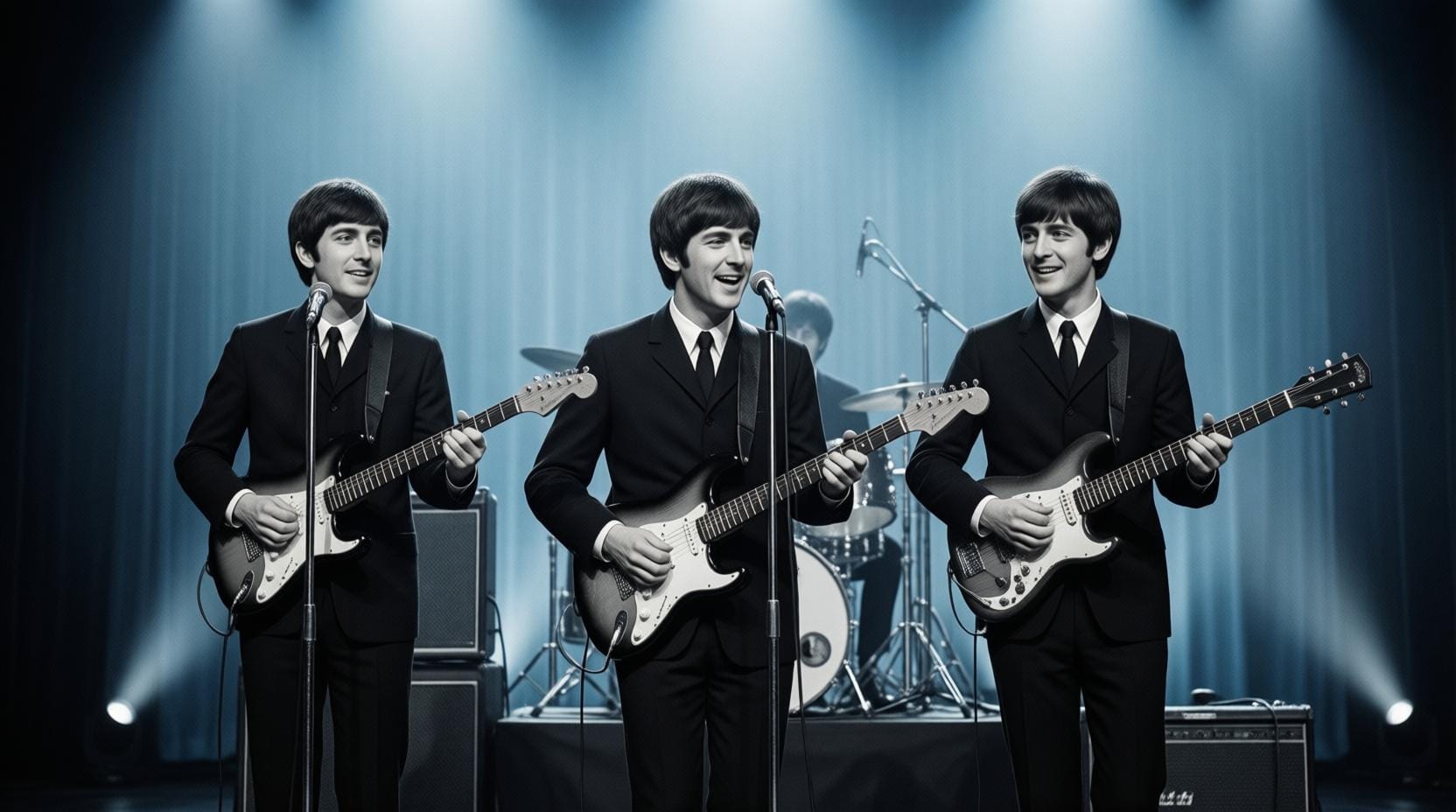 The Beatles performing on stage in black and white 1960s