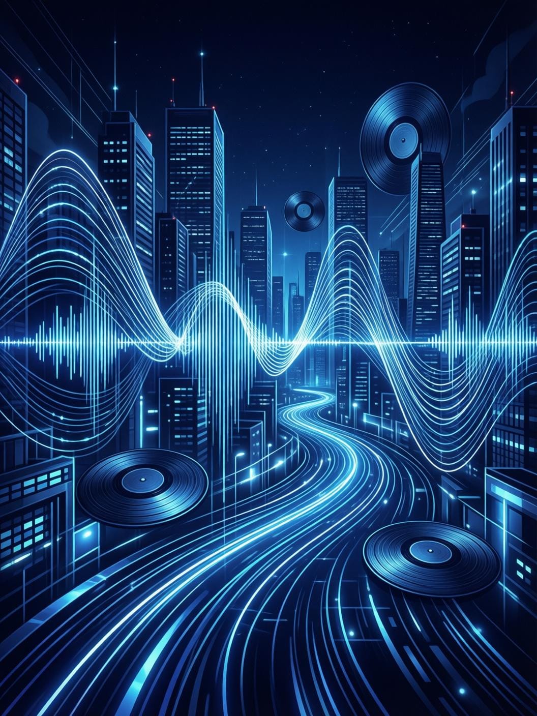 abstract digital music waves flowing through neon lit cityscape at night