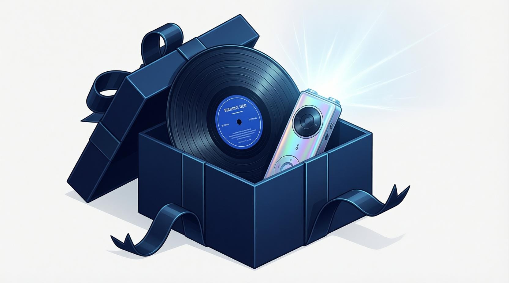 digital gift box containing vinyl record merchandise and holographic music player