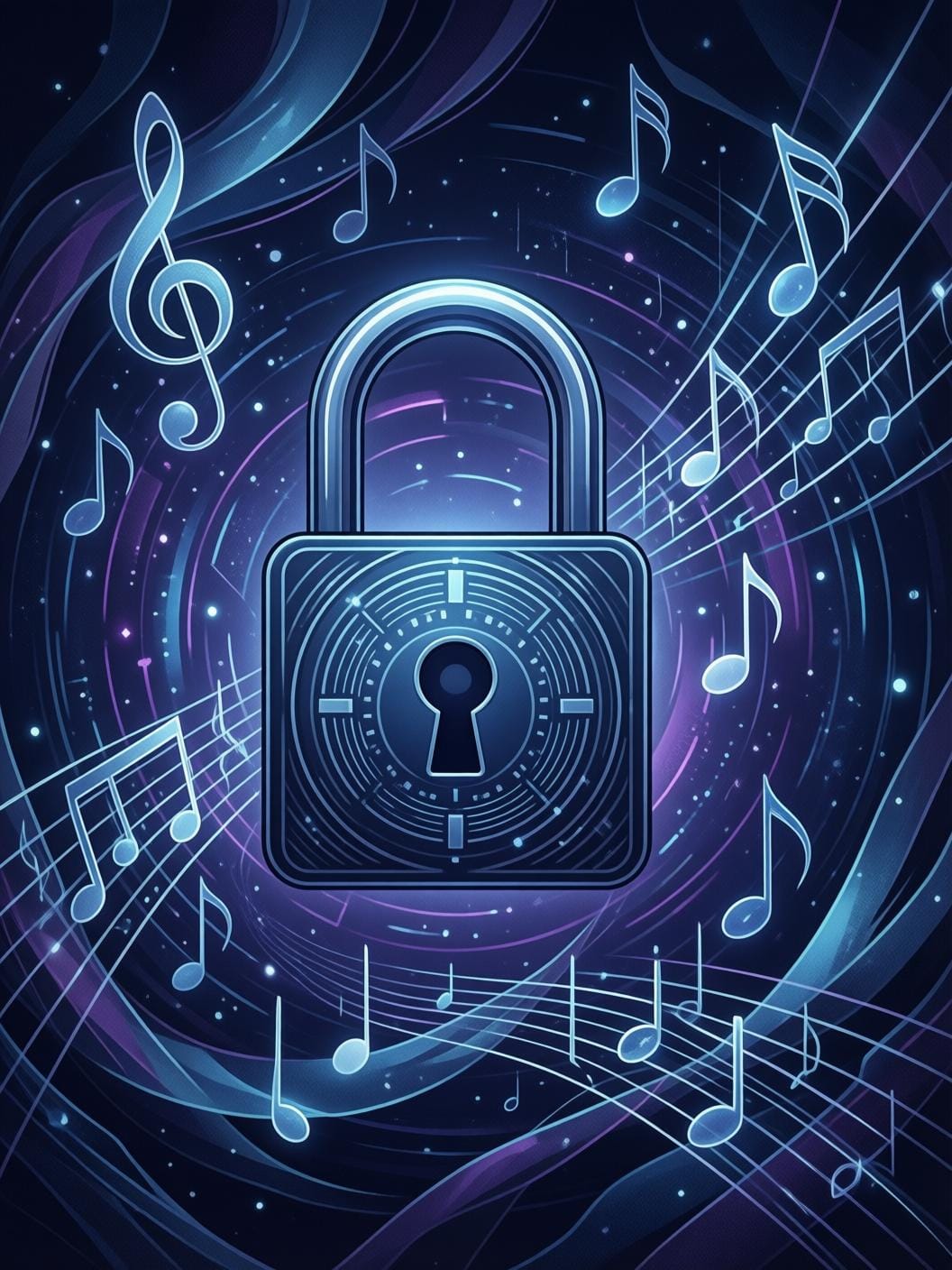 digital lock and music notes floating in abstract cyberspace