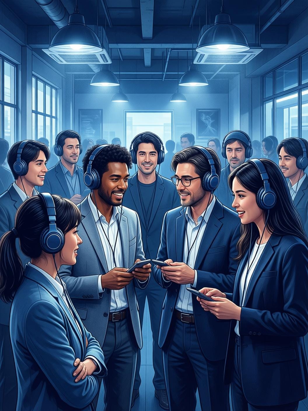 diverse group of people with headphones sharing music