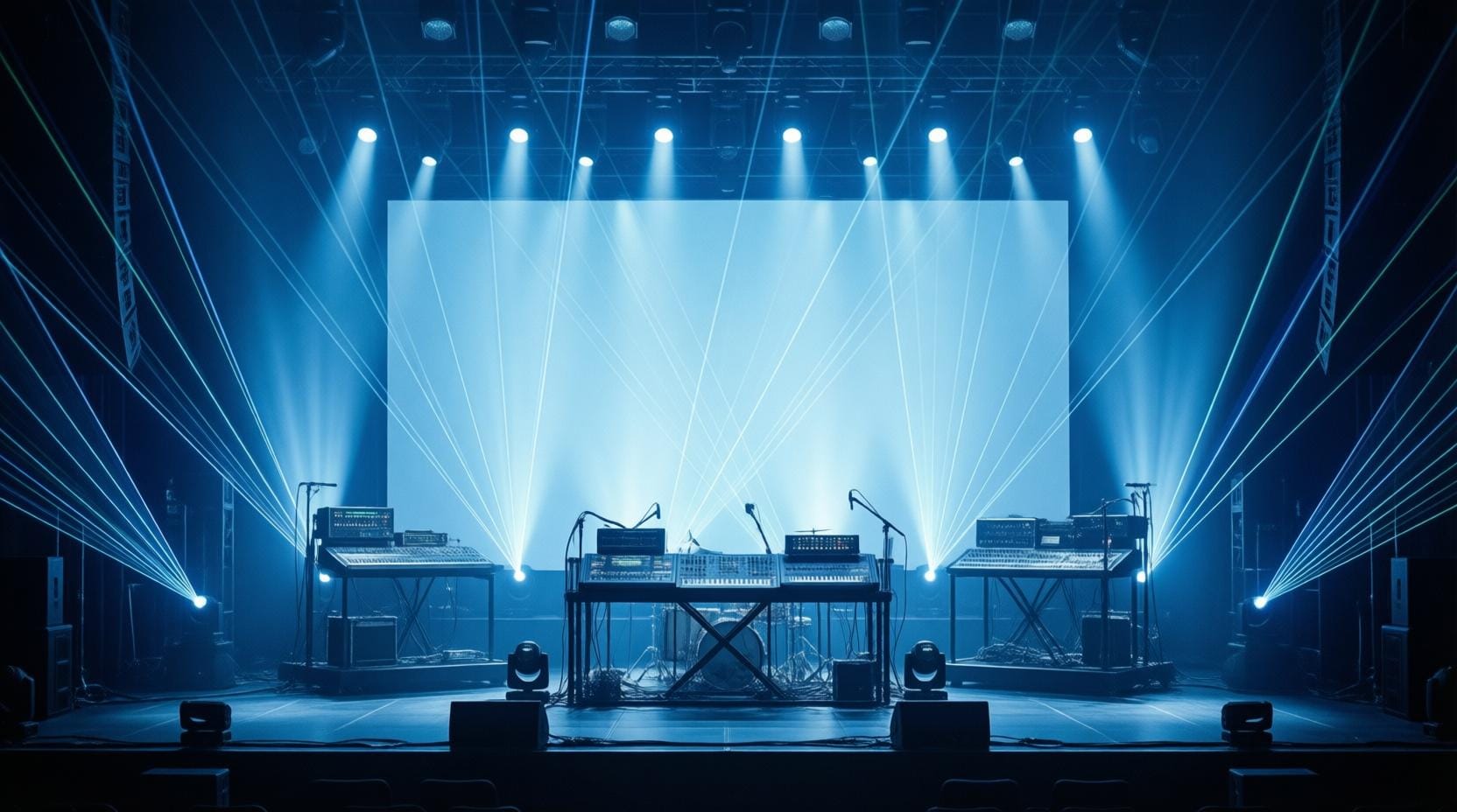 futuristic ambient music concert with laser lights and synthesizers