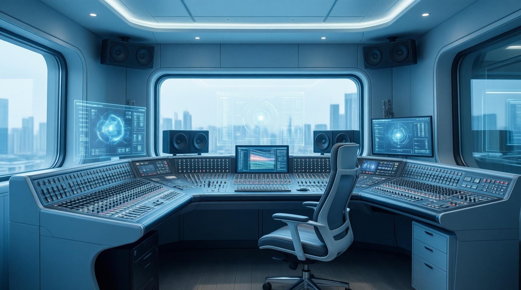 futuristic music production setup with digital interfaces and holographic displays
