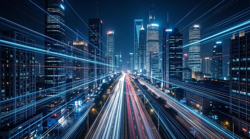 futuristic neon cityscape with energetic light trails representing future house music