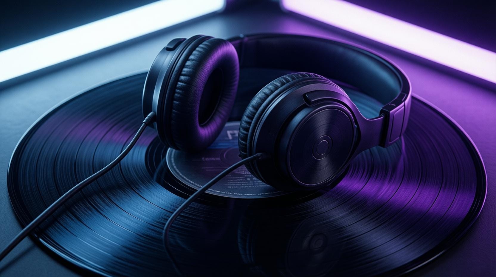 headphones on vintage vinyl record with purple neon glow