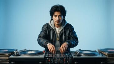 hip hop dj with turntables and vinyl records in 1980s style