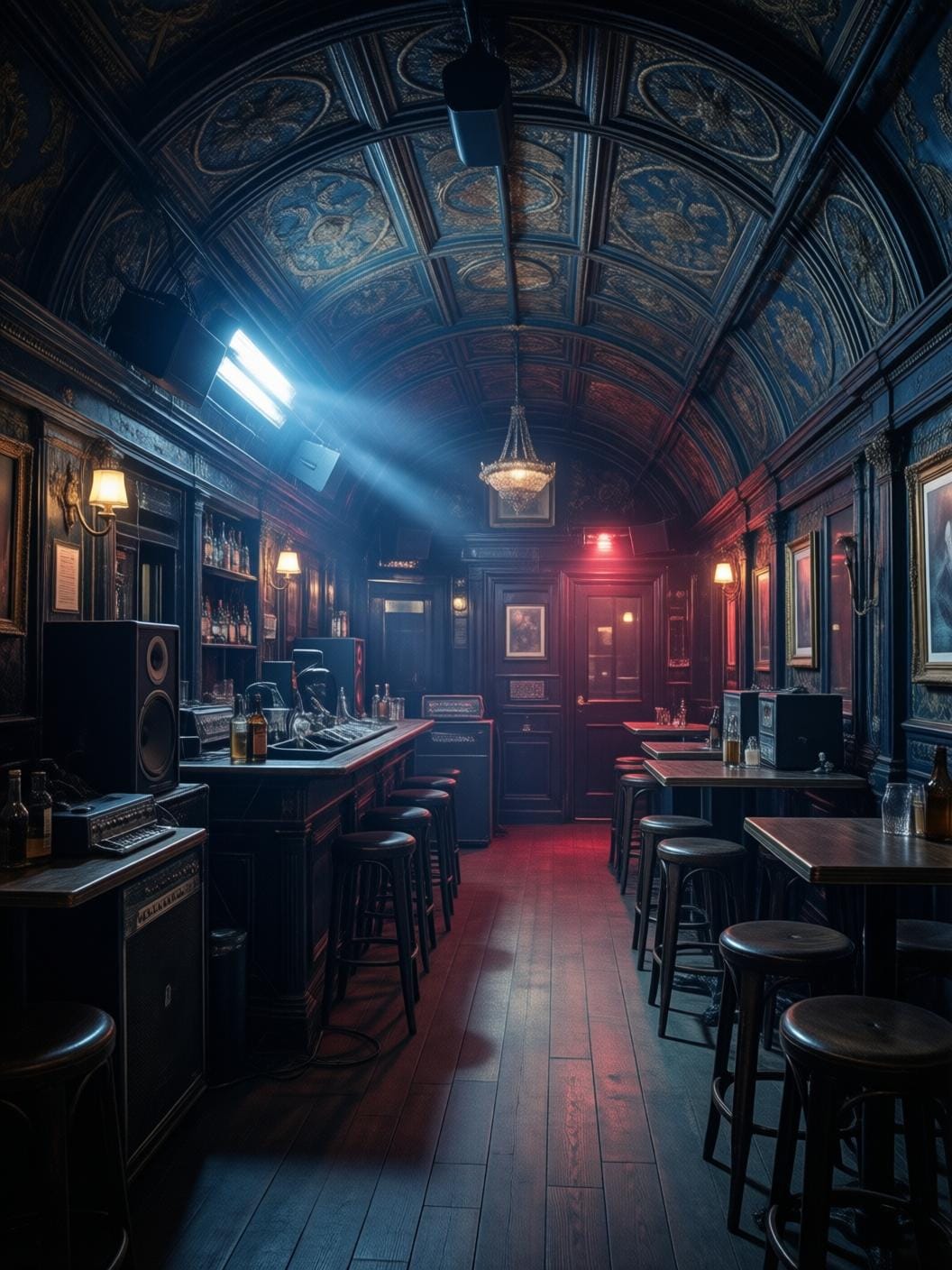 historic underground london club with red lighting and vintage sound equipment