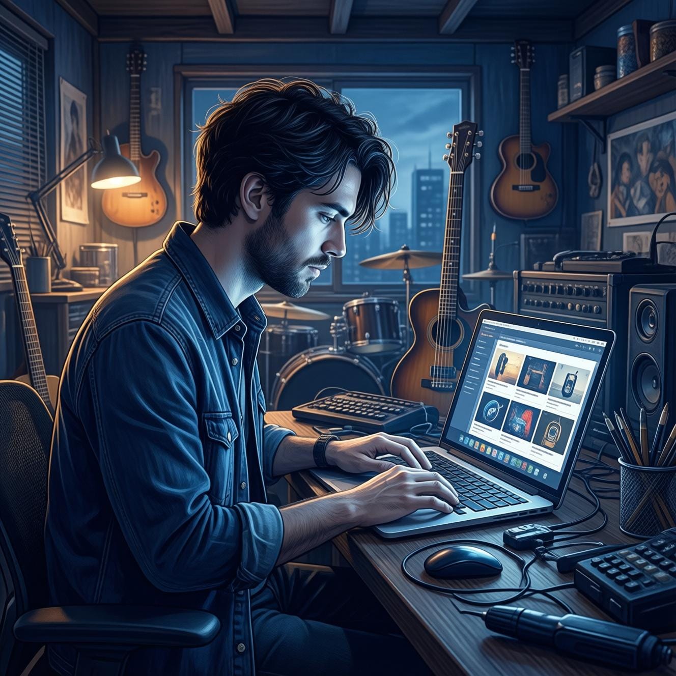 independent musician at laptop setting up online music store