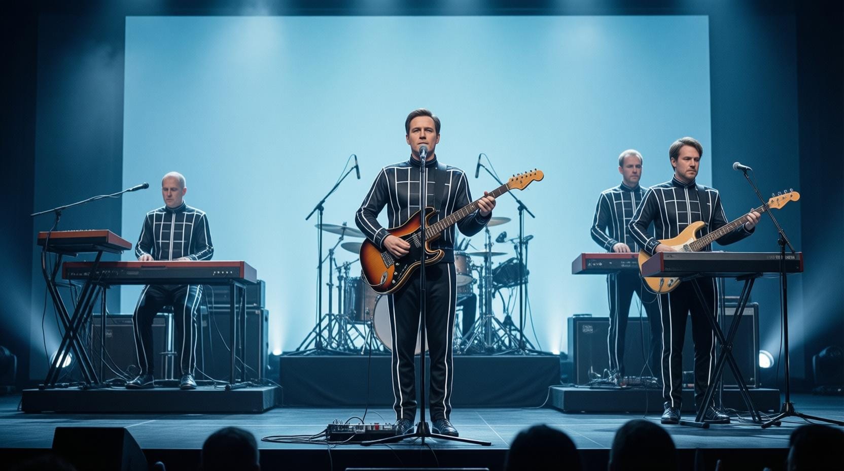 kraftwerk band performing on stage with robotic aesthetic and vintage synthesizers