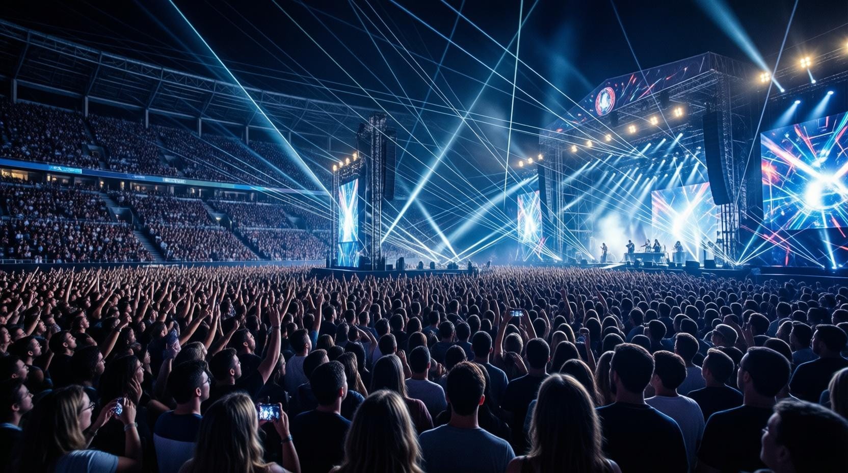 massive outdoor music festival crowd with laser lights and LED screens