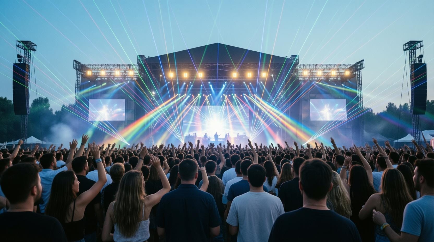 modern music festival crowd dancing under colorful lights and lasers