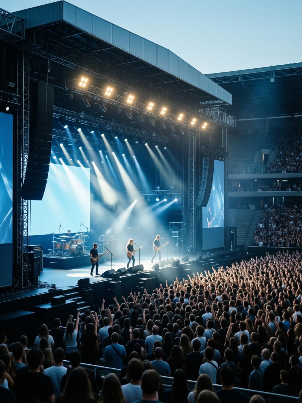 modern rock concert with dramatic stage lighting and massive crowd