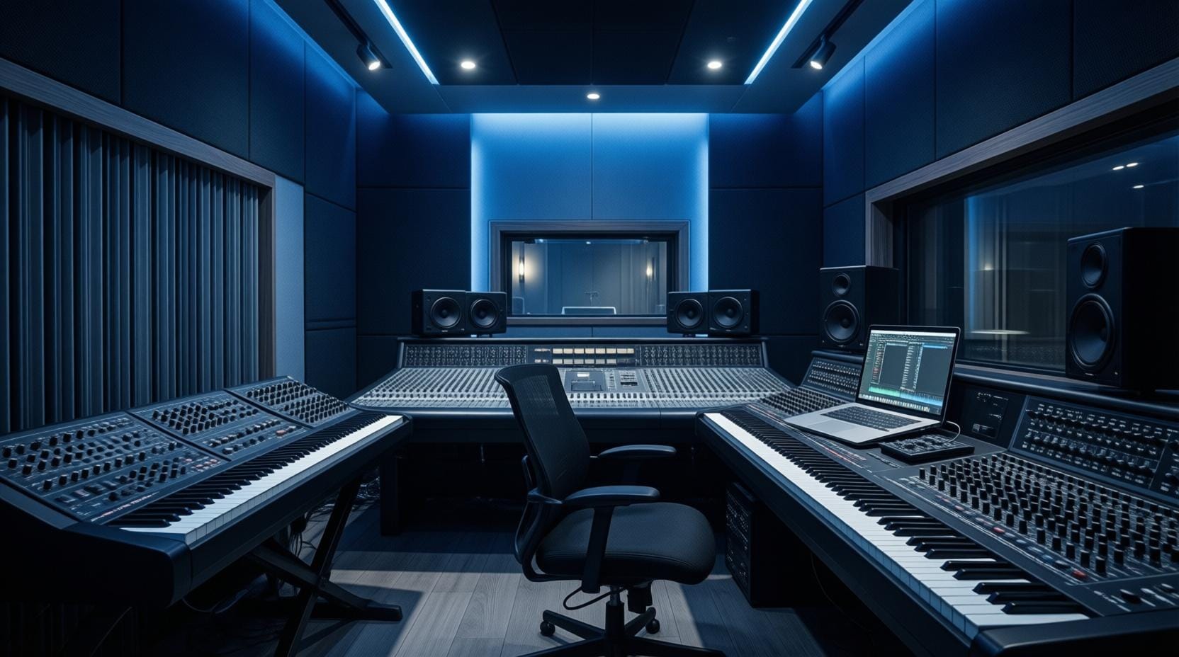 music production studio with synthesizers and laptop showing DAW software