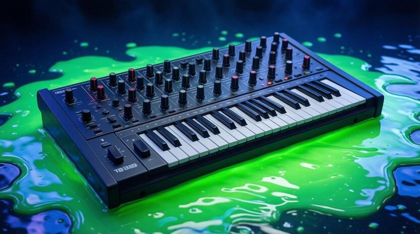 neon acid green liquid and retro synthesizer TB-303 representing acid house