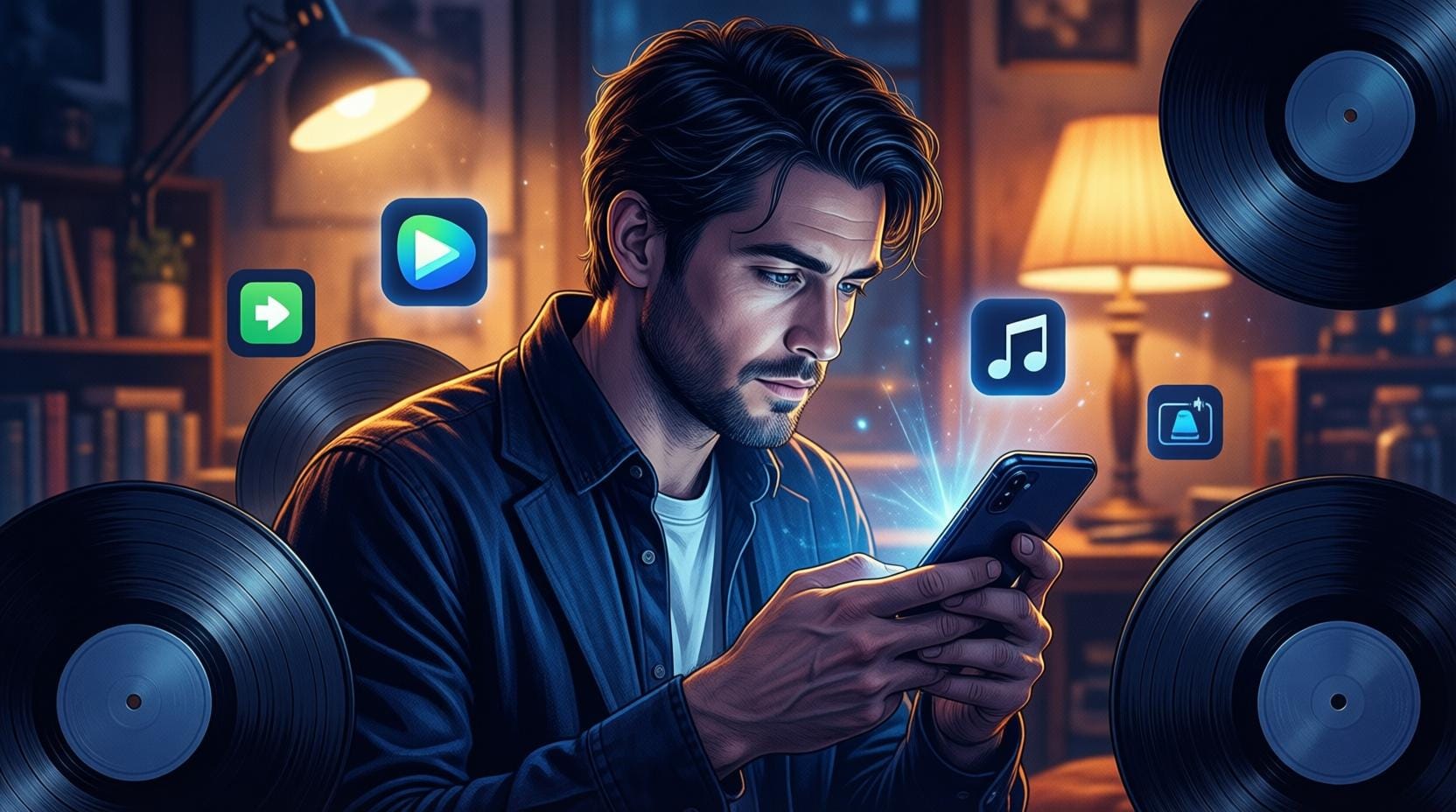 person browsing music on smartphone surrounded by vinyl records