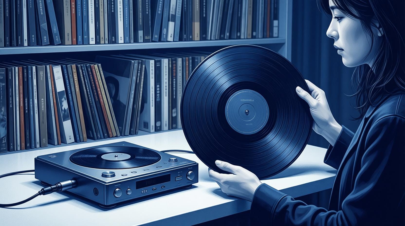person holding vinyl record next to digital audio player