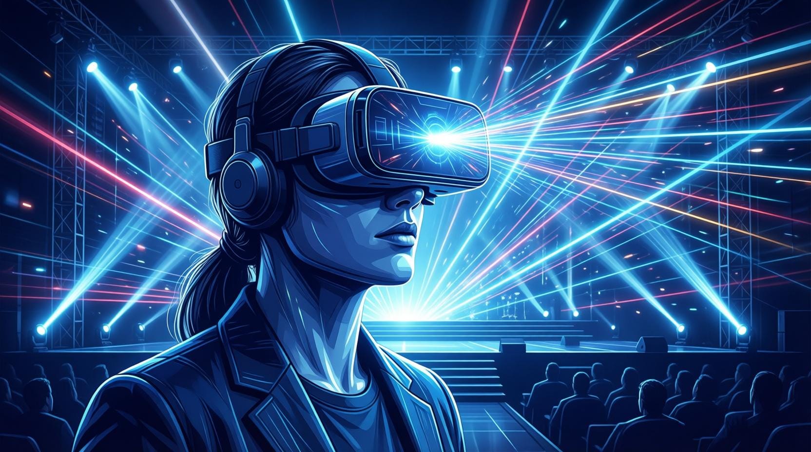 person wearing VR headset at immersive virtual reality concert