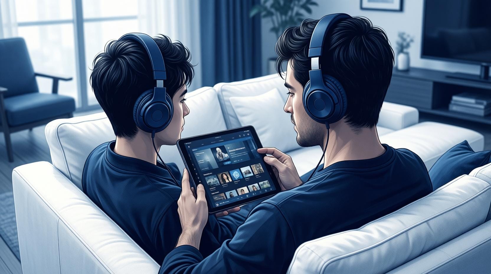 person wearing headphones relaxing on couch with music streaming