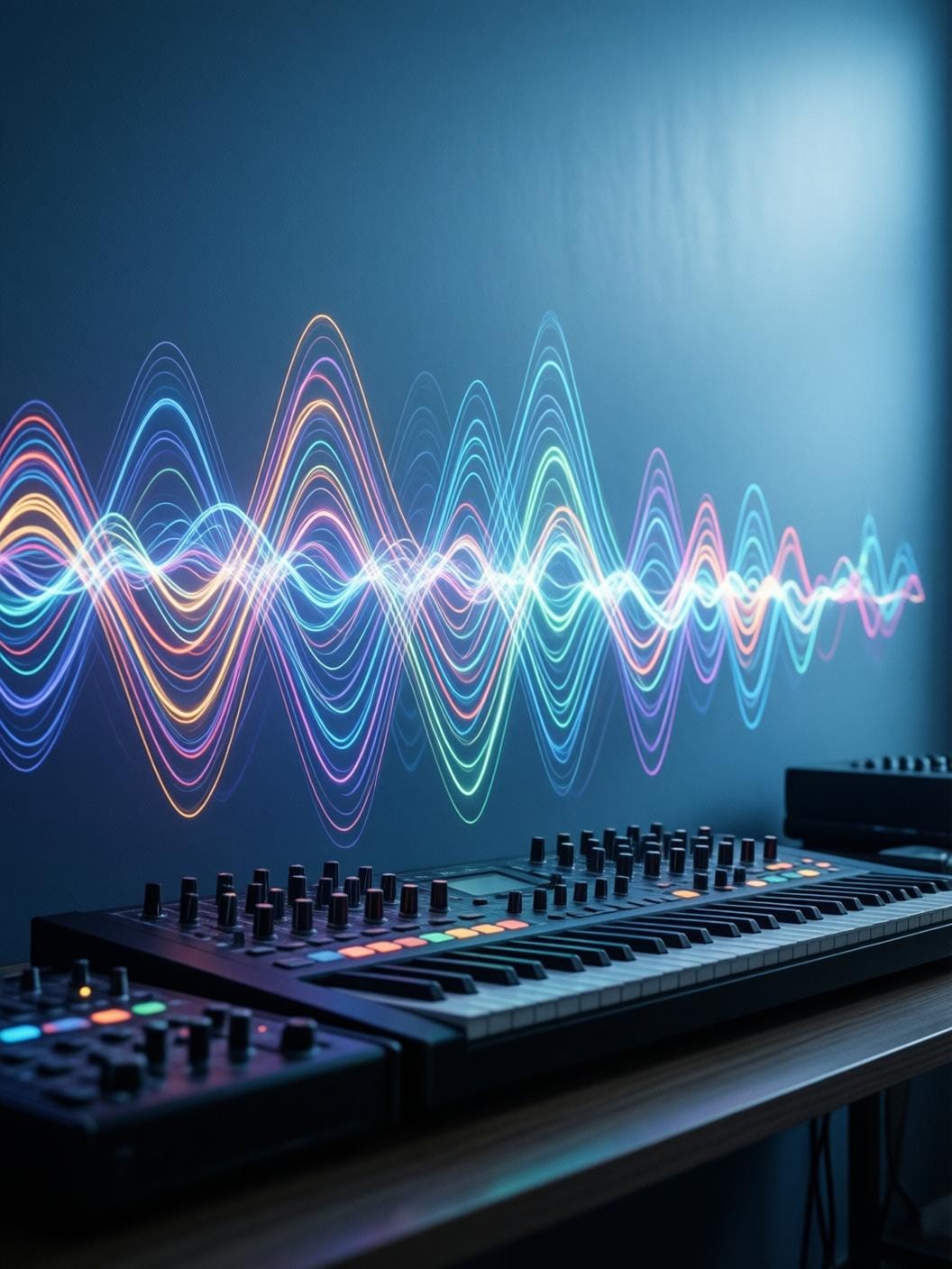 vibrant abstract sound waves and synthesizer lights in neon colors