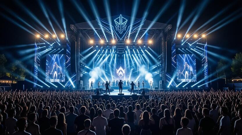 vibrant music festival stage at night with crowd dancing to house music at Tomorrowland