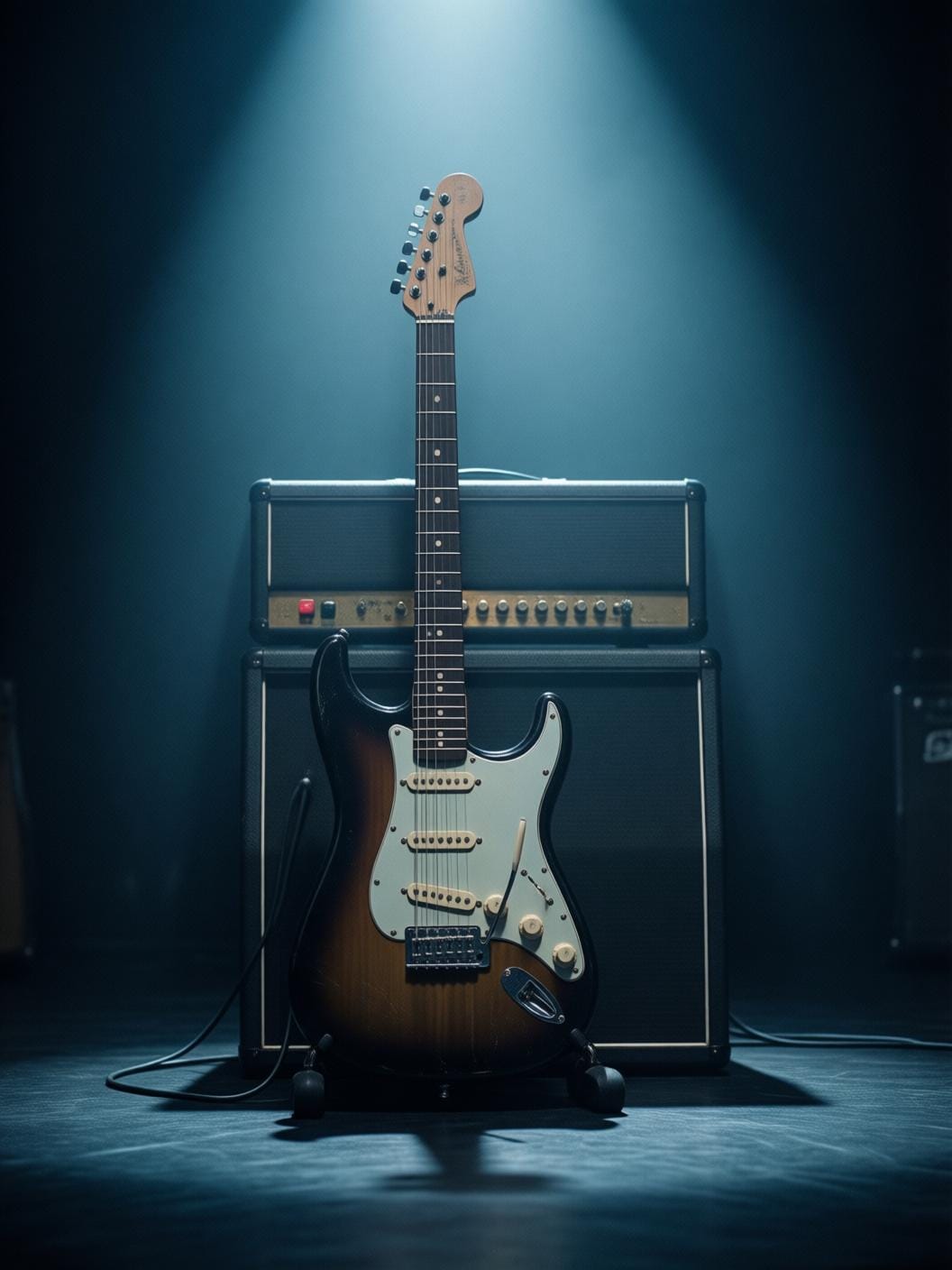 vintage electric guitar with amplifier in moody spotlight on dark stage