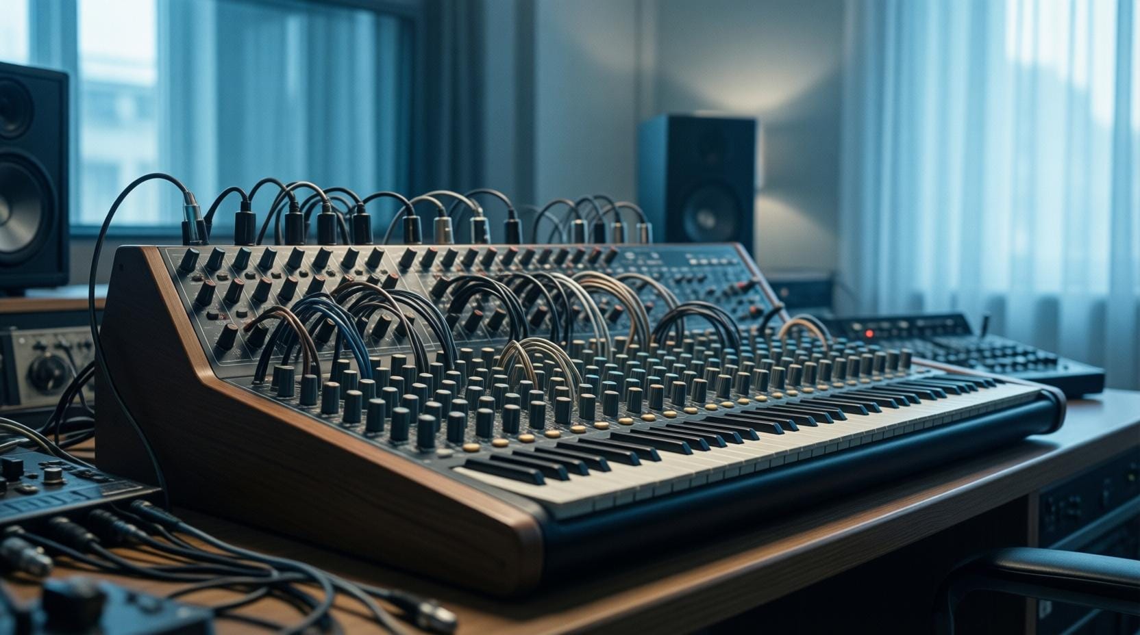 vintage modular synthesizer with patch cables and knobs in recording studio