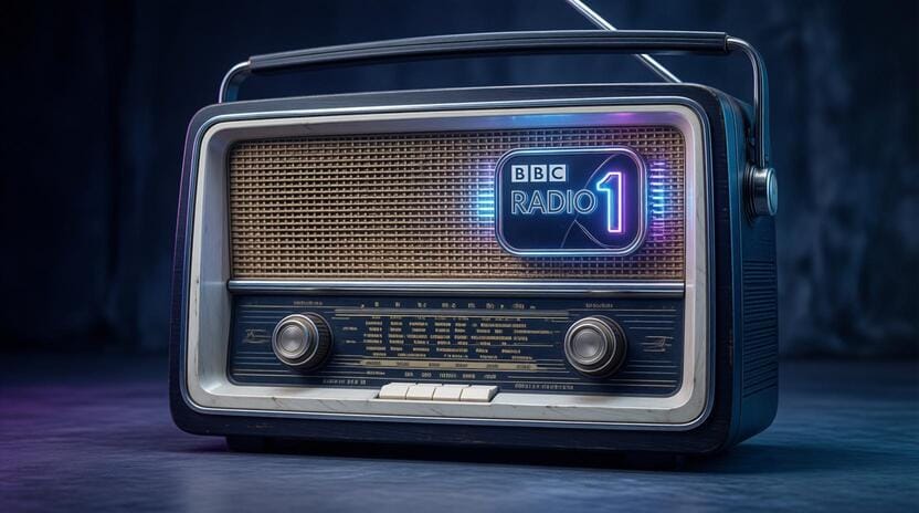 vintage radio with neon lights and BBC Radio 1 logo representing dance music shows