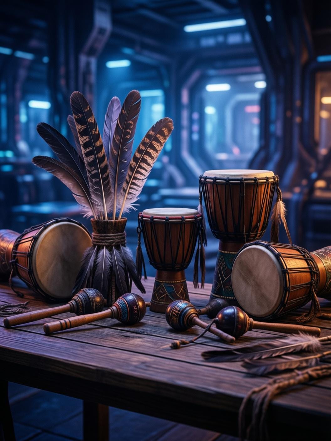 ancient shamanic ritual objects arranged on wooden surface, feathers drums rattles, mystical warm light