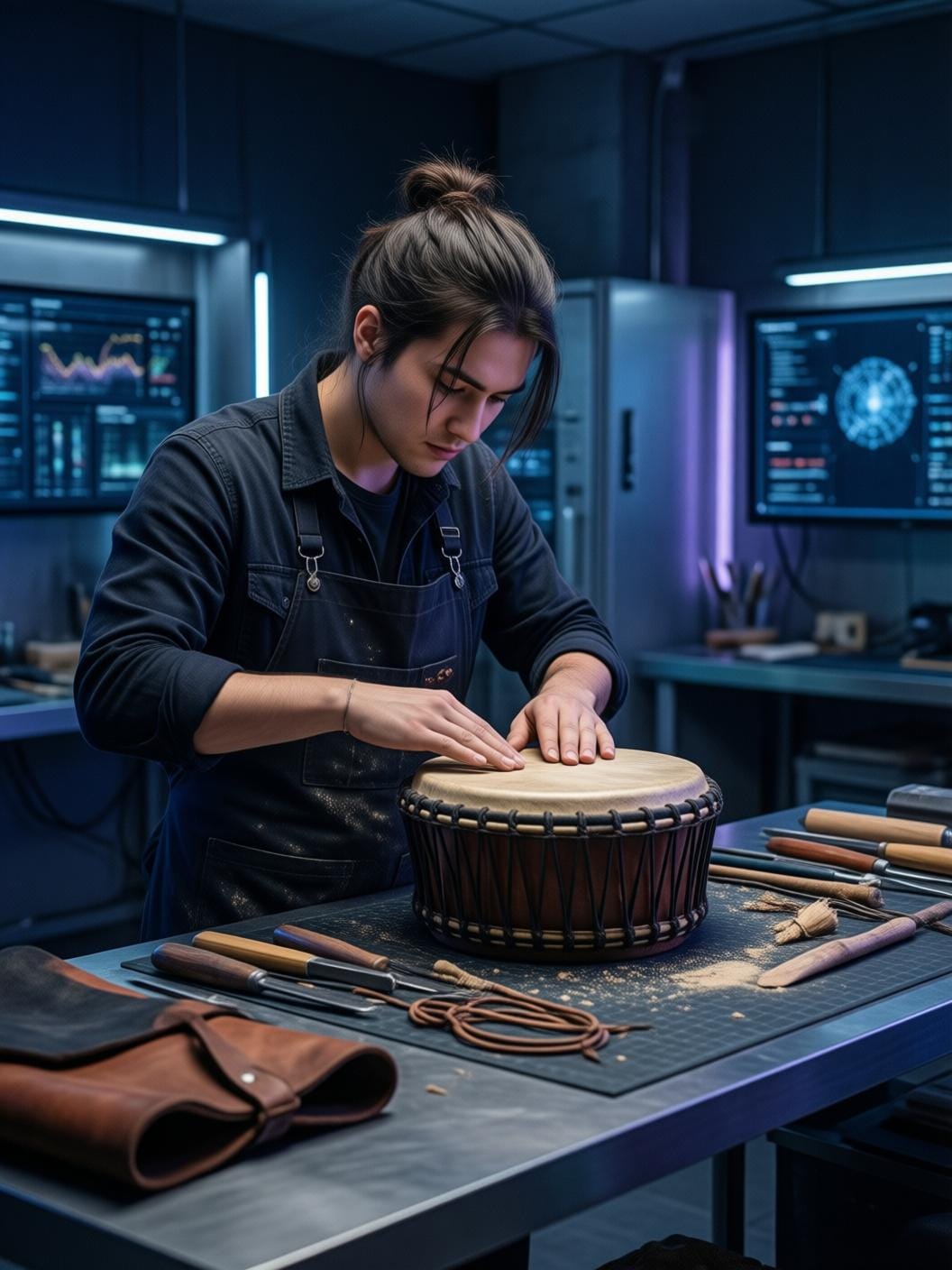 artisan craftsman making traditional drum in workshop, natural materials leather wood