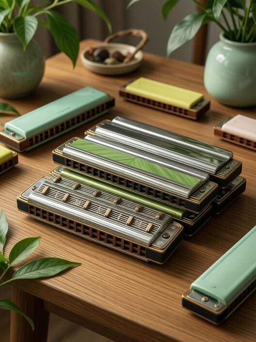 collection of harmonicas diatonic and chromatic on wooden table, close up detail