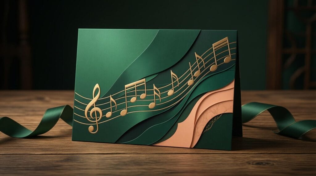 colorful birthday card with musical notes and ribbon on wooden table