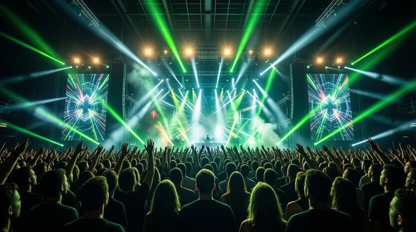 dramatic music breakdown moment concert crowd arms raised lights