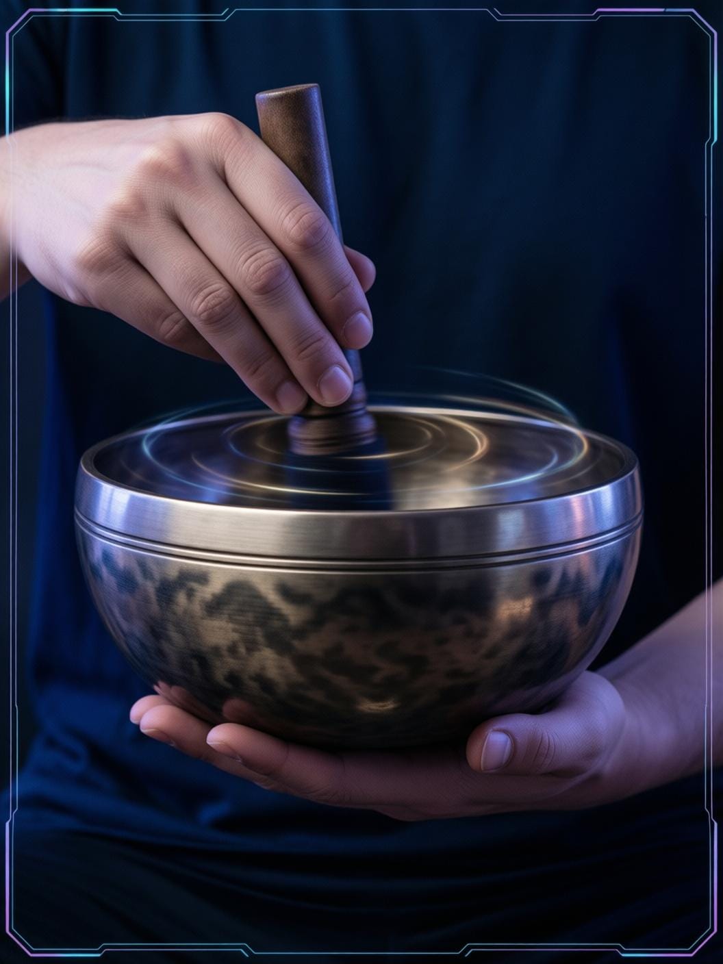 hands playing tibetan singing bowl close up, meditation ritual, warm golden light