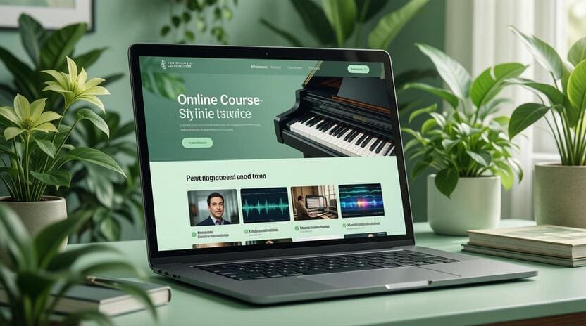 online course platform laptop screen learning music