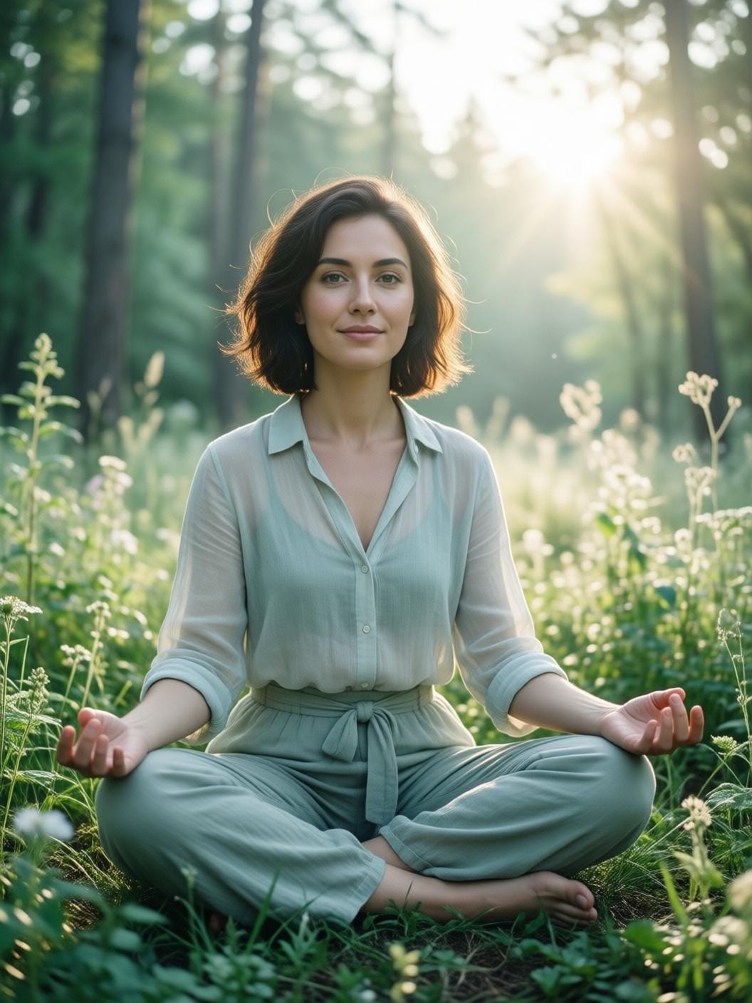 person meditating with headphones in peaceful natural setting