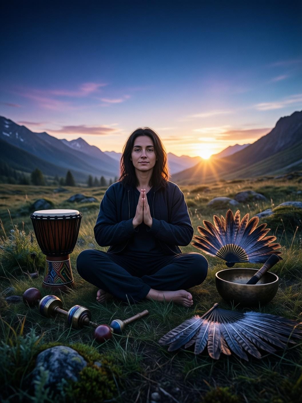 person meditating with shamanic instruments in peaceful nature setting, sunrise golden light, spiritual journey