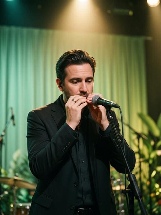 person playing blues harmonica on stage with warm spotlight, expressive performance