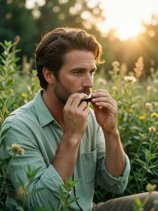 person playing harmonica outdoors at sunset, warm golden light, musical atmosphere