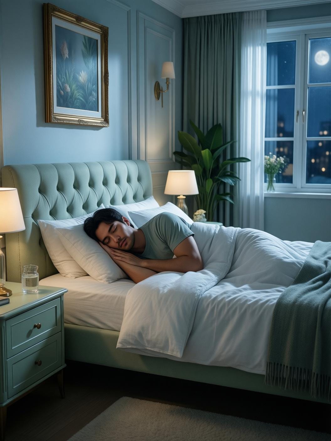 person sleeping peacefully in dark bedroom