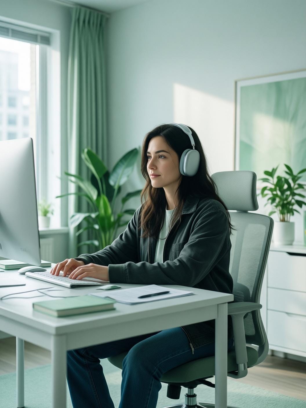 person with over-ear headphones relaxing at desk