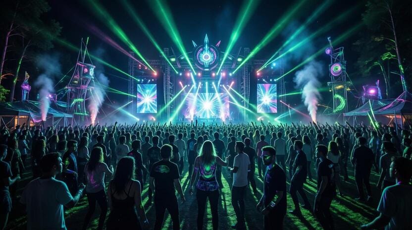 psychedelic trance festival outdoor nature bioluminescent lights uv glow dancing