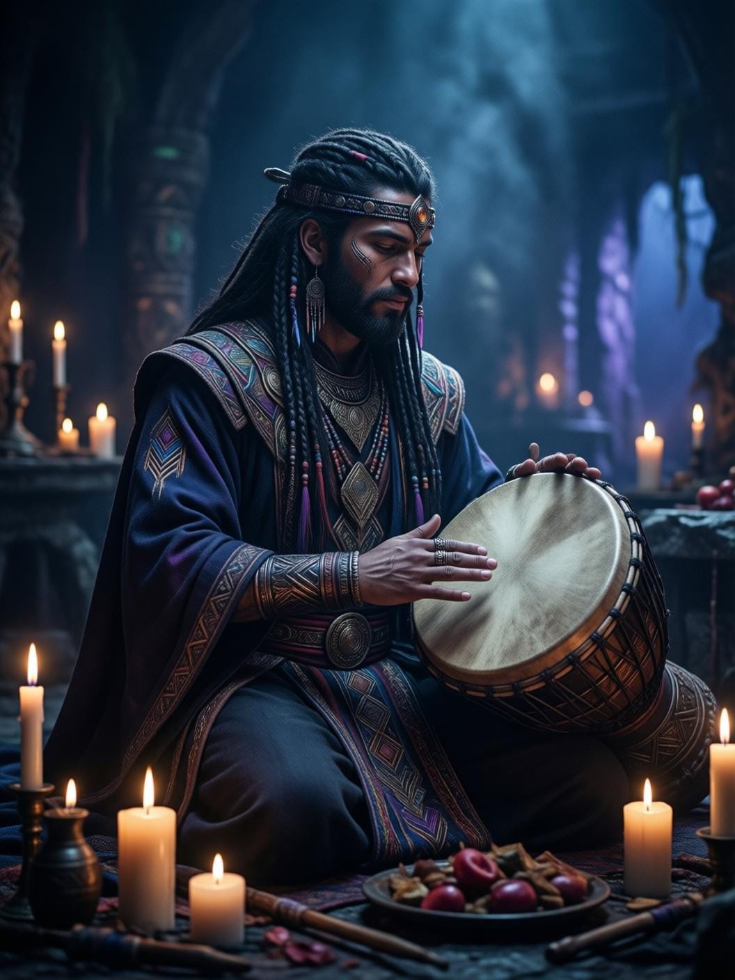 shaman in ritual ceremony with drum and candles, sacred space, atmospheric low light