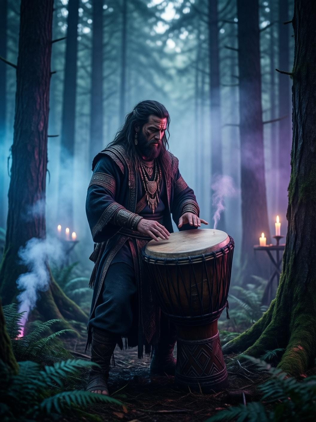 shaman playing drum in misty forest, spiritual atmosphere, ancient ritual, warm candlelight