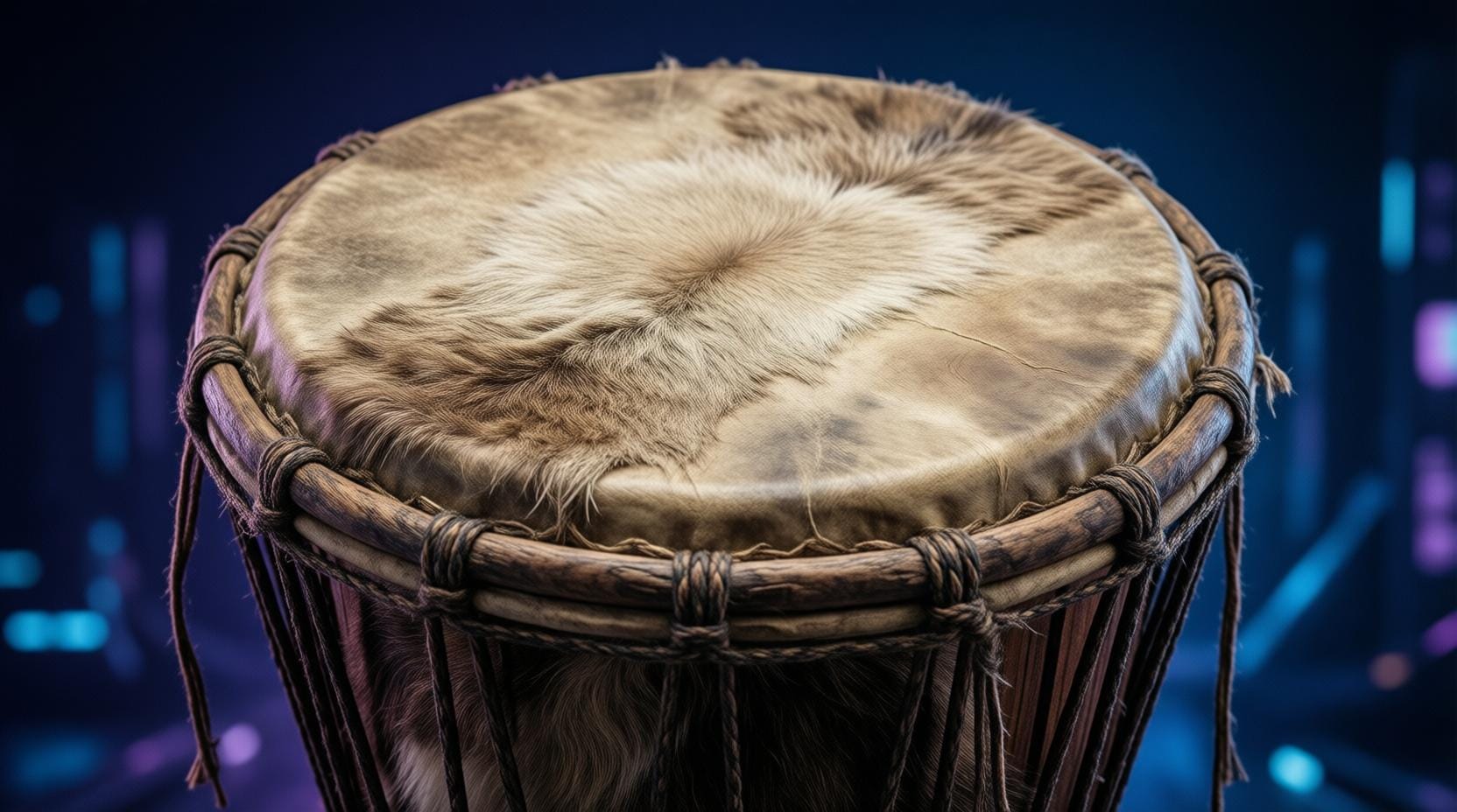 shamanic frame drum with animal hide, traditional craftsmanship, close-up detail