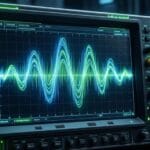 sound wave frequency visualization glowing blue oscilloscope music