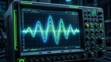 sound wave frequency visualization glowing blue oscilloscope music